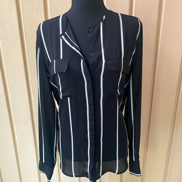 Black & White Stripe Button Down Long Sleeve Shirt Blouse - Picture 4 of 11